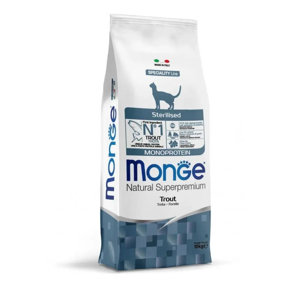 Hrana uscata pisici, Monge Natural Monoprotein Sterilised, Pastrav, 10 kg
