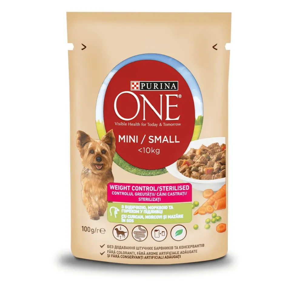 PURINA One Mini Controlul Greutății, Curcan cu Orez, hrană umedă câini, (în sos)