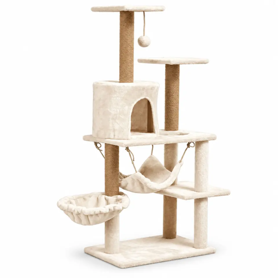 AMYDO Home Como, ansamblu de joacă pisici, 5 etaje, 1 căsuța MDF și sisal, elemente atârnate, elemente hamac, bej, 52x37x125cm