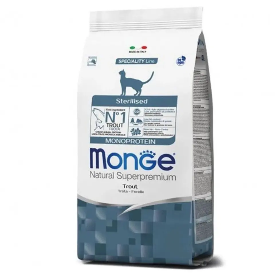 Hrana uscata pisici, Monge Natural Monoprotein Sterilised, Pastrav, 1.5 kg