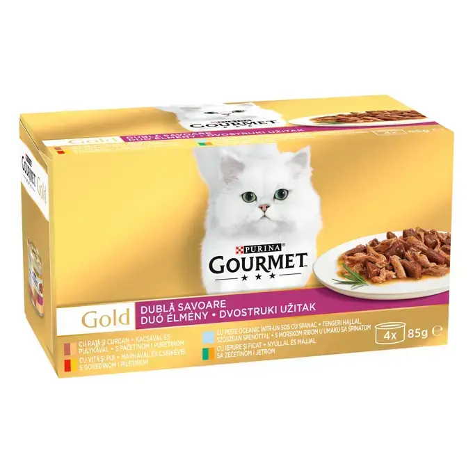 Set 12 buc x Hrana umeda pentru pisici Gourmet Gold Doble Placer cu rata curcan, vita pui, peste oceanic, iepure ficat 85 gr