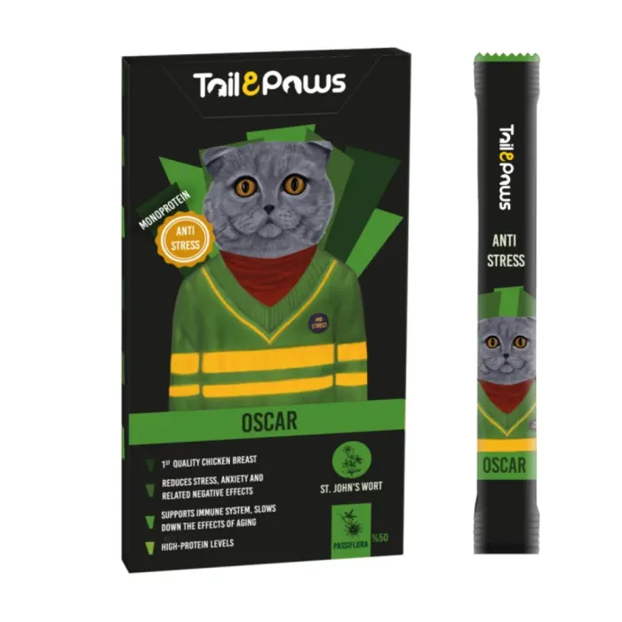 Gustare pentru pisici Tail Paws Oscar Crema Antistres cu pui 5 buc pachet