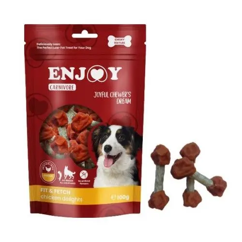 Recompense pentru caini Enjoy Carnivore Fit Fetch Delights cu pui, 100 g