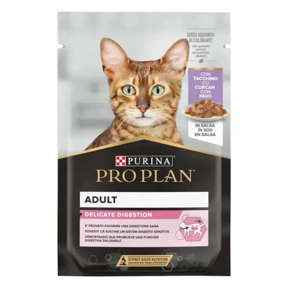 PURINA Pro Plan Delicate Digestion, Curcan, plic hrană umedă pisici, sistem digestiv, (în sos), 85g