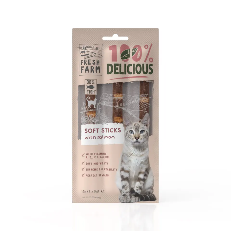 FRESH FARM Soft Sticks, Somon, punguță recompense pisici, 15g
