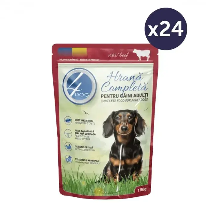 Set 24 buc x 100 gr Hrana umeda pentru caini 4Dog Mini Adult cu vita