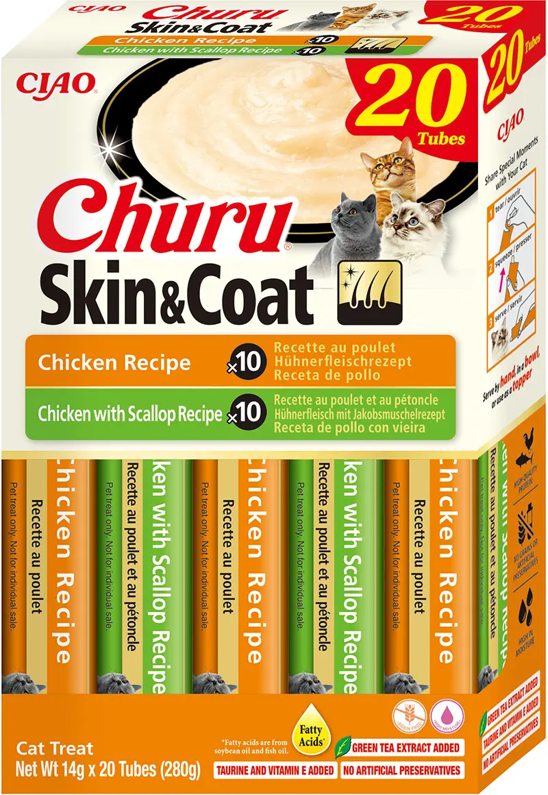 Churu Cat Varieties SkinCoat Recompense Cremoase cu Pui si Pui cu Scoici 20 Buc