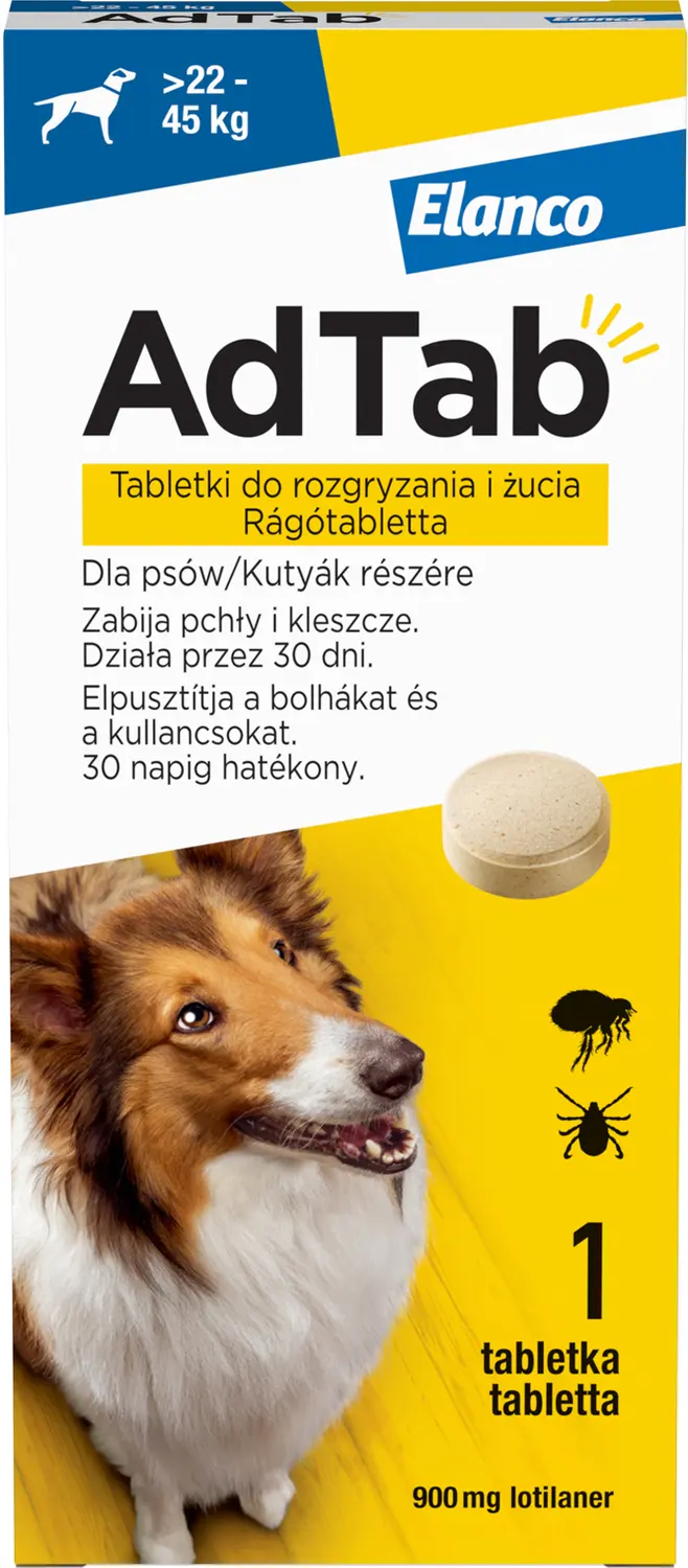 Antiparazitar extern pentru caini intre 22-45 kg AdTab, 1 comprimat masticabil (900 mg)