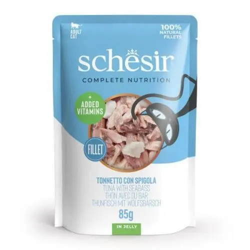 Hrana umeda pisici, Schesir, Ton si Biban in jeleu, 85 g