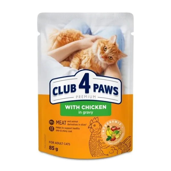 Hrana umeda premium pisici adulte, Club 4 Paws, Pui in Sos, 85 g