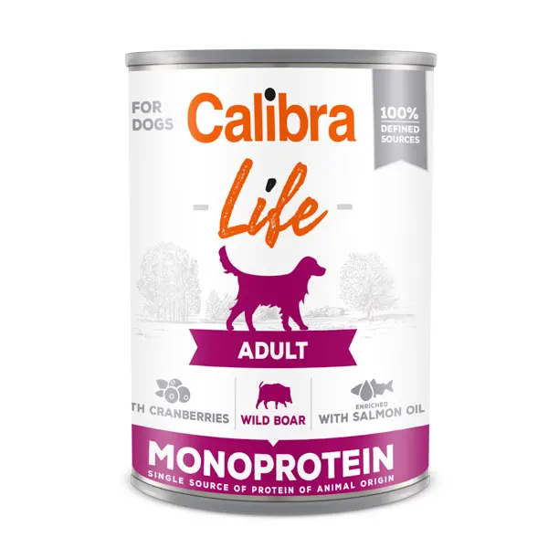 Calibra Dog Life Adult, hrana umeda pentru caini adulti, cu merisoare, mistret, si ulei de somon, 6 x 400 g