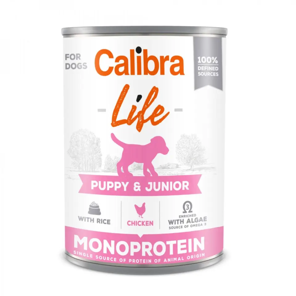 CALIBRA Life Puppy&Junior, XS-XL, Pui și Orez, conservă hrană umedă monoproteică câini junior, (pate), 400g