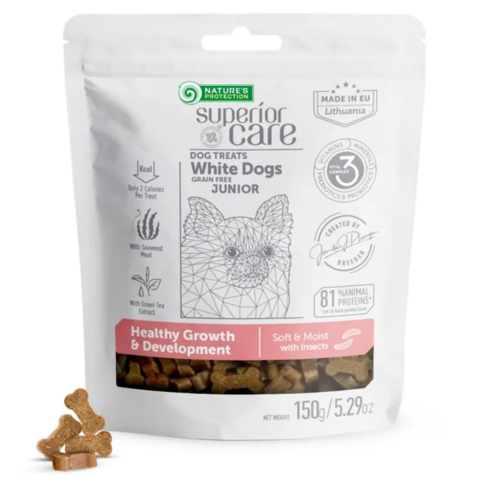 NATURES PROTECTION Superior Care Healthy Growth & Development, XS-XL, Insecte, punguță recompense funcționale fără cereale câini junior, 150g