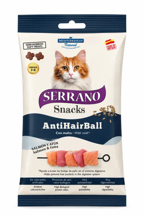 Recompense pentru pisici Serrano Sticks Anti-Hairball cu somon ton 50 gr