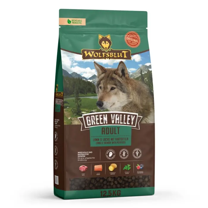 Hrana uscata pentru caini Wolfsblut Green Valley Adult cu miel somon 12,5 kg