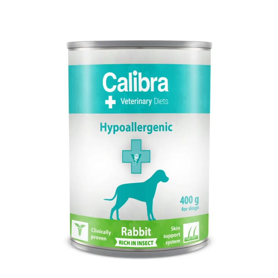 CALIBRA Veterinary Diets Hypoallergenic, XS-XL, Iepure și Insecte, dietă veterinară, conservă hrană umedă câini, alergii, (pate), 400g