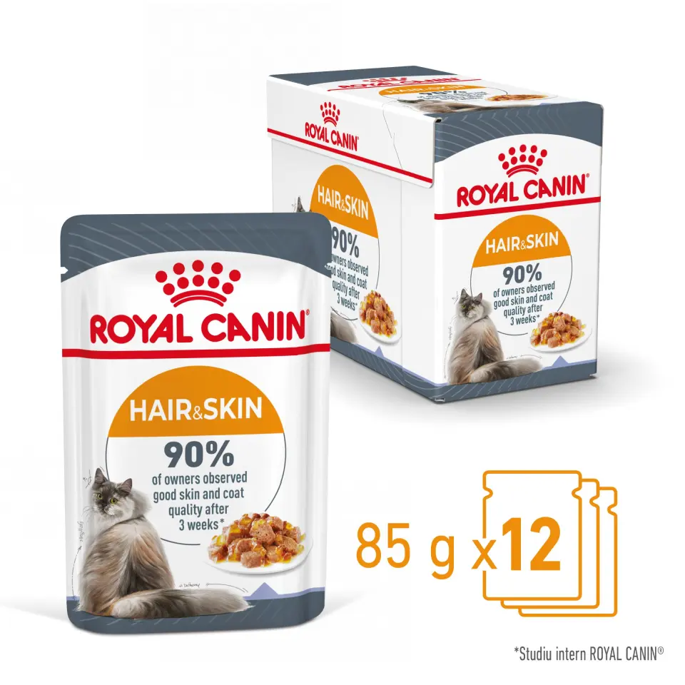 ROYAL CANIN Hair&Skin Care Adult hrană umedă pisici piele & blană (în aspic), bax, 85g x 12buc