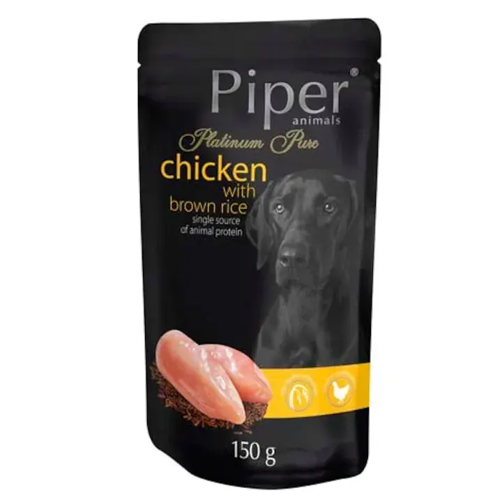 Hrana umeda pentru caini Piper Platinum Pure Adult cu pui orez brun 150 gr