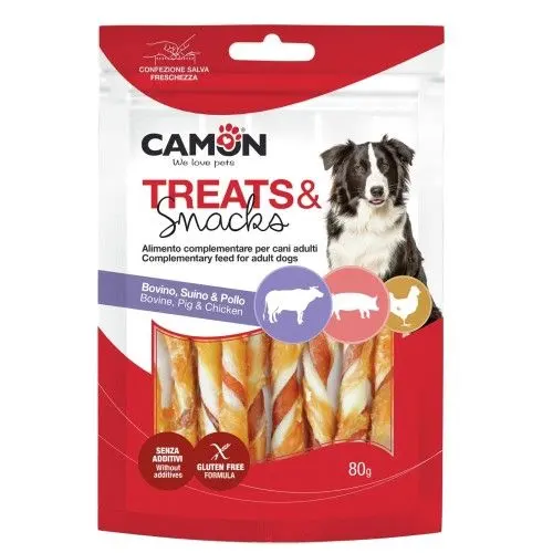 Recompense pentru caini, Camon, Wrap Sticks cu Vita, Porc, Pui, 80 g