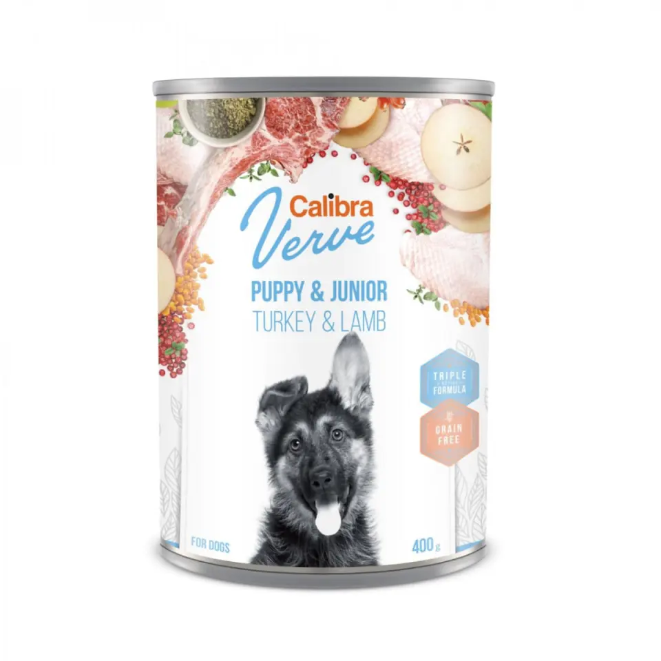 CALIBRA Verve GF Puppy&Junior, XS-XL, Curcan și Miel, conservă hrană umedă fără cereale câini junior, (pate), 400g