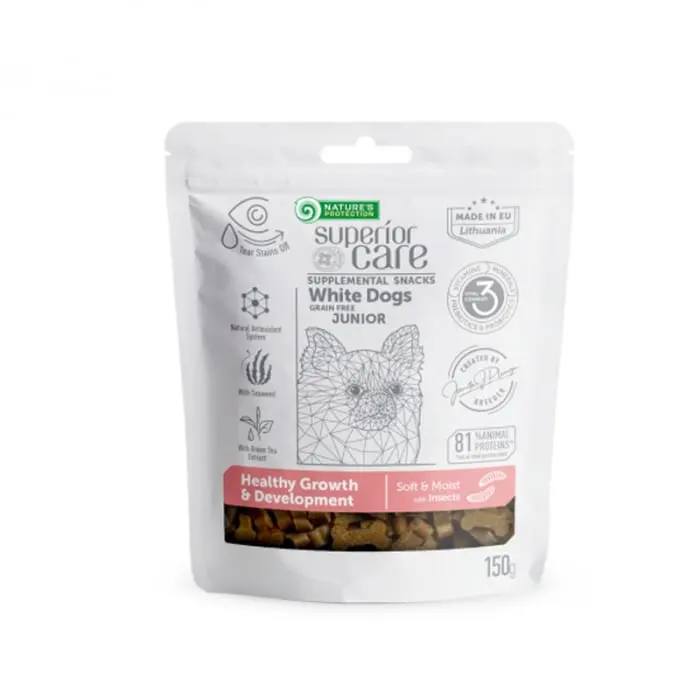 Recompense pentru caini juniori Nature s Protection Superior Care White Dogs Healthy Growth, cu insecte, 150 g