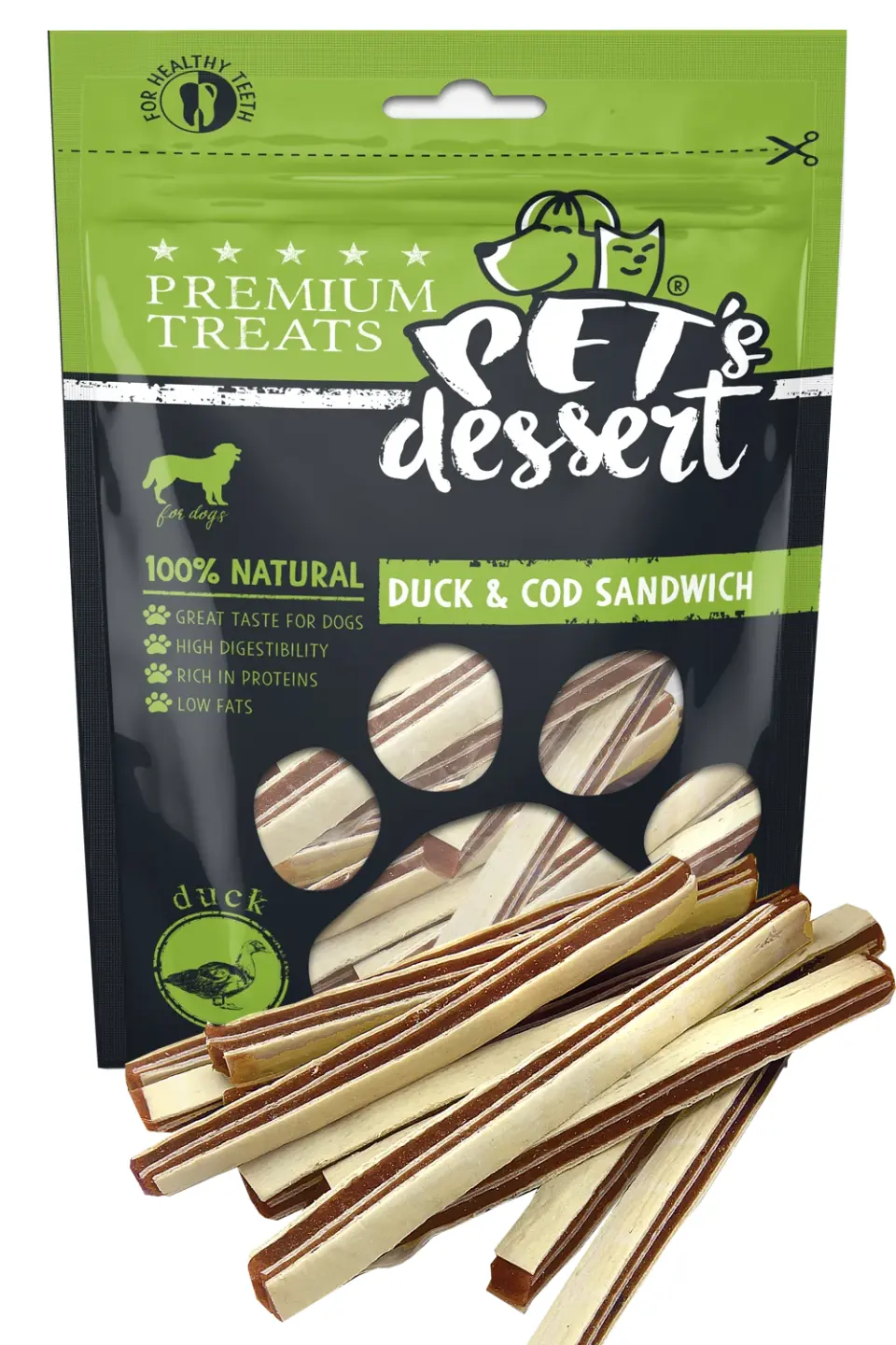 Recompense pentru caini Pet s Desert Duck Cod Sandwich 80 gr