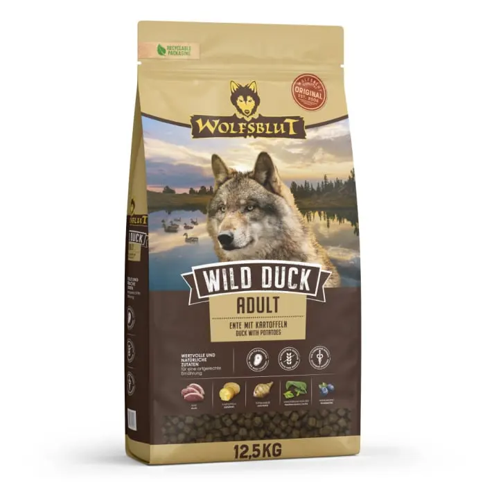 Hrana uscata pentru caini Wolfsblut Wild Duck Adult cu rata 12,5 kg