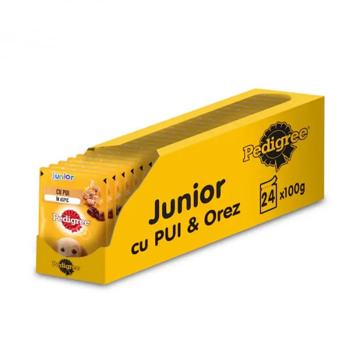 Set 24 buc x 100 gr Hrana umeda pentru caini Pedigree Junior cu pui