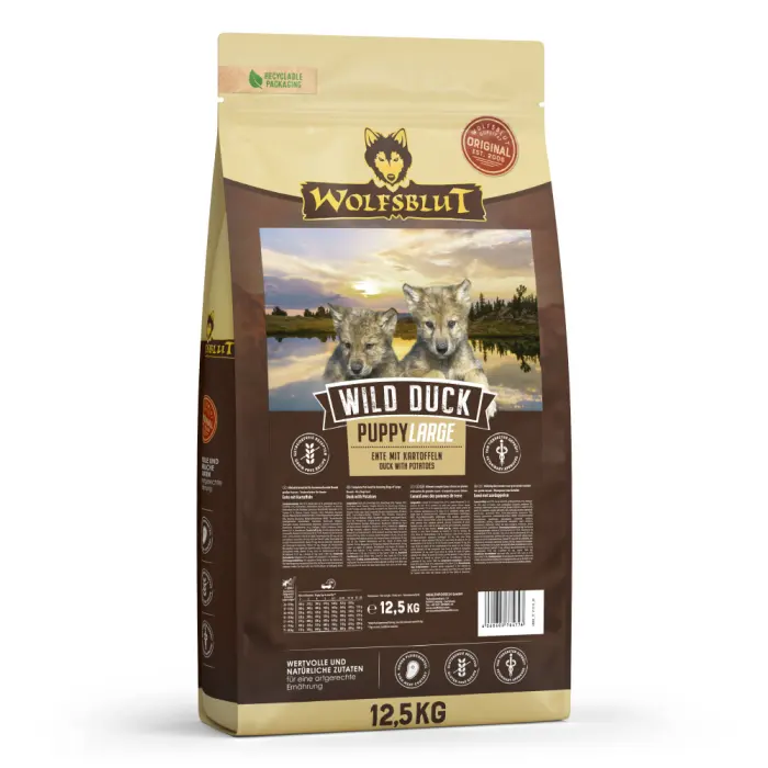 Hrana uscata pentru caini Wolfsblut Wild Duck Puppy Large cu rata 12,5 kg