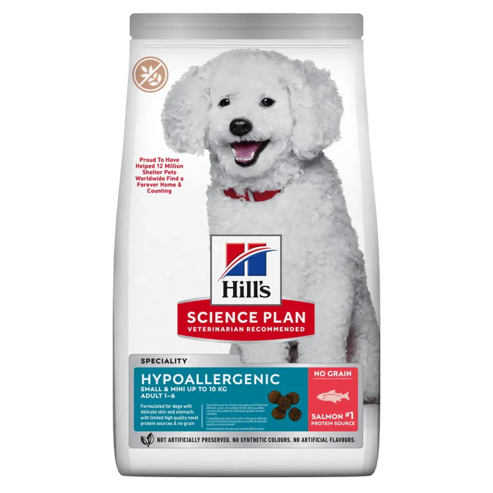 Hills SP CANINE ADULT S&M HYPOALLERGENIC NO GRAIN, hrana uscata hipoalergenica, fara cereale, pentru caini adulti de talie mica, 6 KG