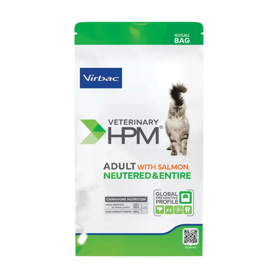Hrana uscata pentru pisici Virbac HPM Adult Neutered Entire cu somon 1,5 kg