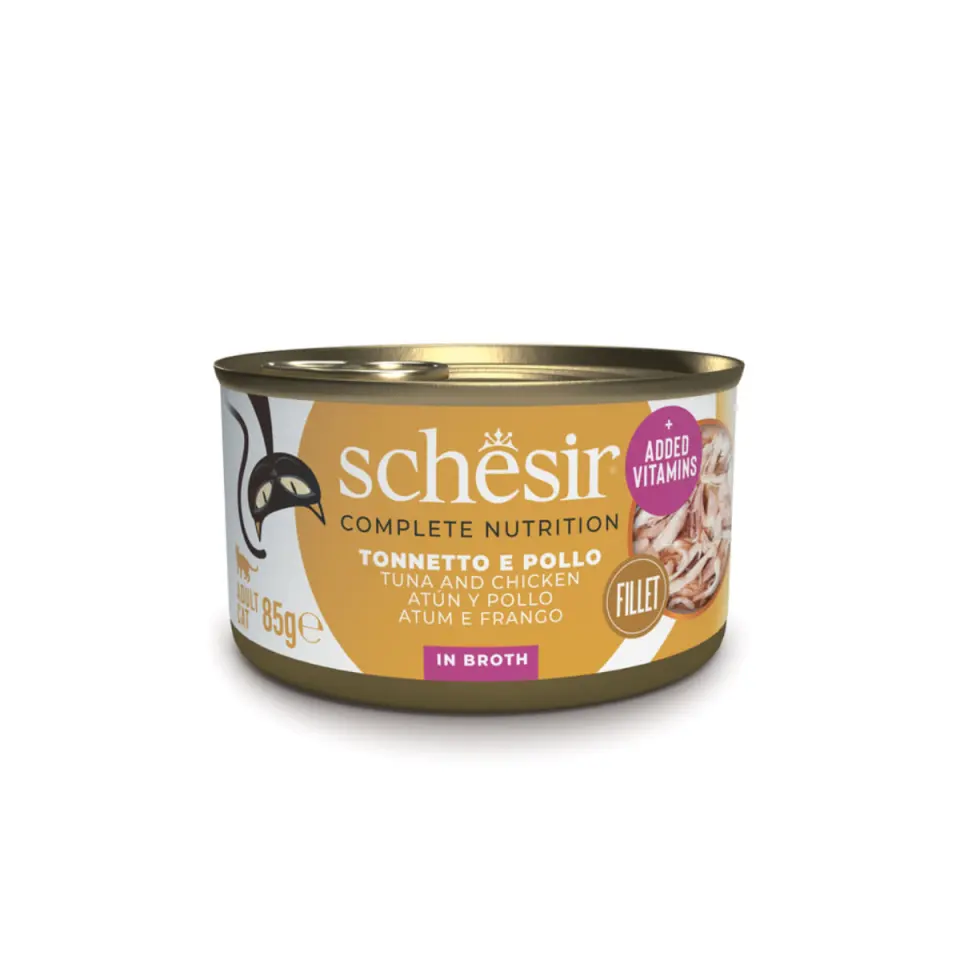 SCHESIR Complete Nutrition, Ton și Pui, conservă hrană umedă pisici, (în supă), 85g