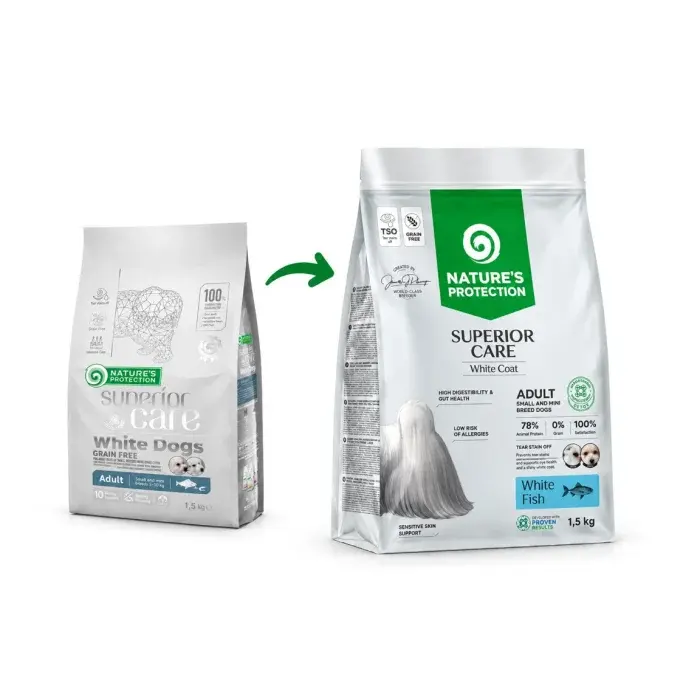 Hrana uscata pentru caini Nature s Protection Superior Care White Dogs Adult Small Mini cu peste alb 1,5 kg