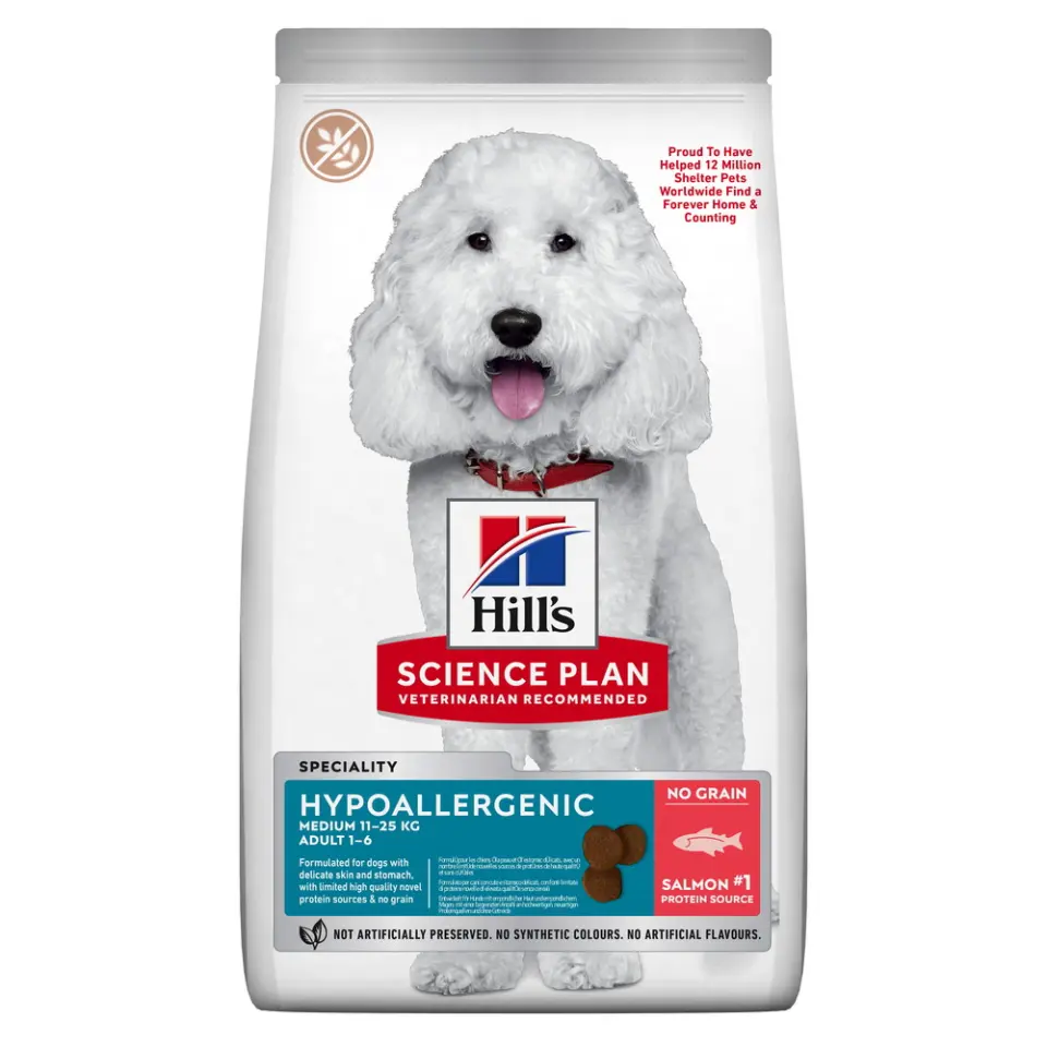 Hills SP CANINE ADULT MED HYPOALLERGENIC NO GRAIN, hrana uscata hipoalergenica pentru caini adulti, de talie medie, fara cereale, 2.5 KG