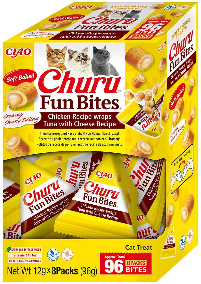 Churu Cat Fun Bites Reteta cu Pui, Ton si Branza, 8 X 12 gr