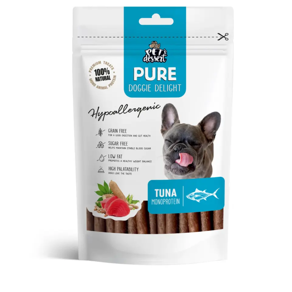 PET'S DESSERT Pure Doggie Delight Hypoallergenic, XS-XL, Ton, punguță recompense monoproteice fără cereale câini, alergii, 80g