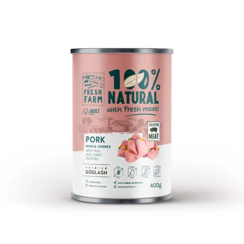 FRESH FARM Goulash, XS-XL, Porc, conservă hrană umedă fără cereale câini, (în supă), 400g