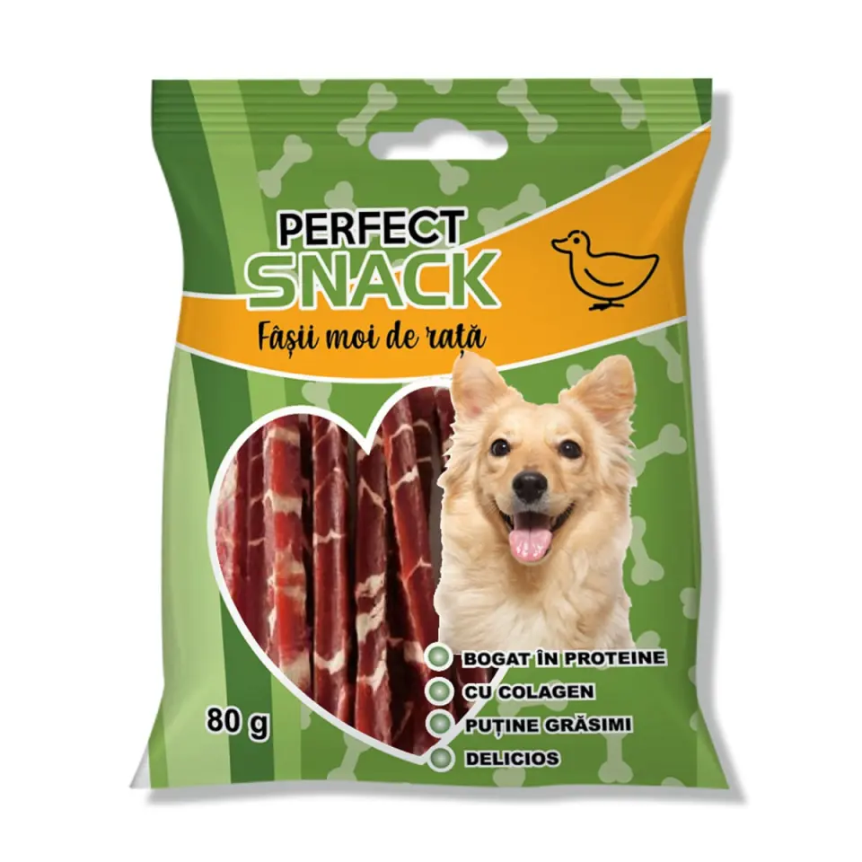 PERFECT SNACK Fâșii Moi, XS-XL, Rață, punguță recompense câini, 80g
