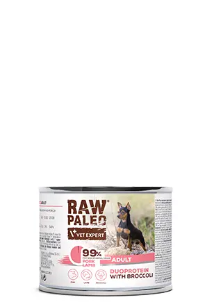 Hrană umedă pentru câini, adult, Raw Paleo Duo Protein, Porc cu Miel și Broccoli, Set 5 X 200g