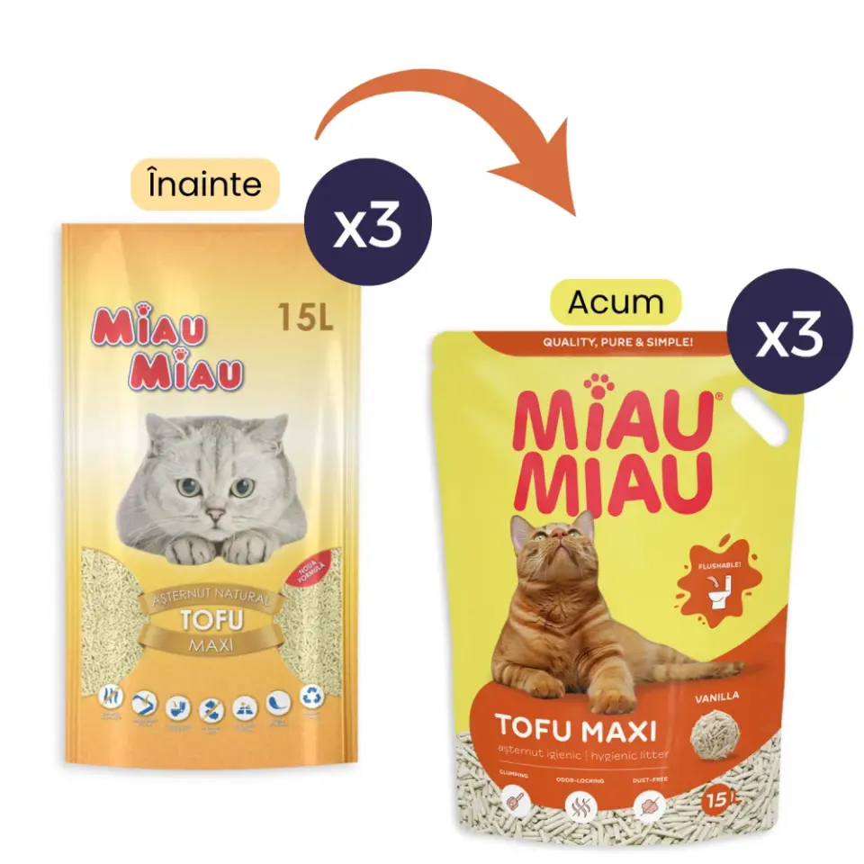 Set 3 buc X Asternut igienic pentru pisici Miau Miau Tofu Vanilie 15L
