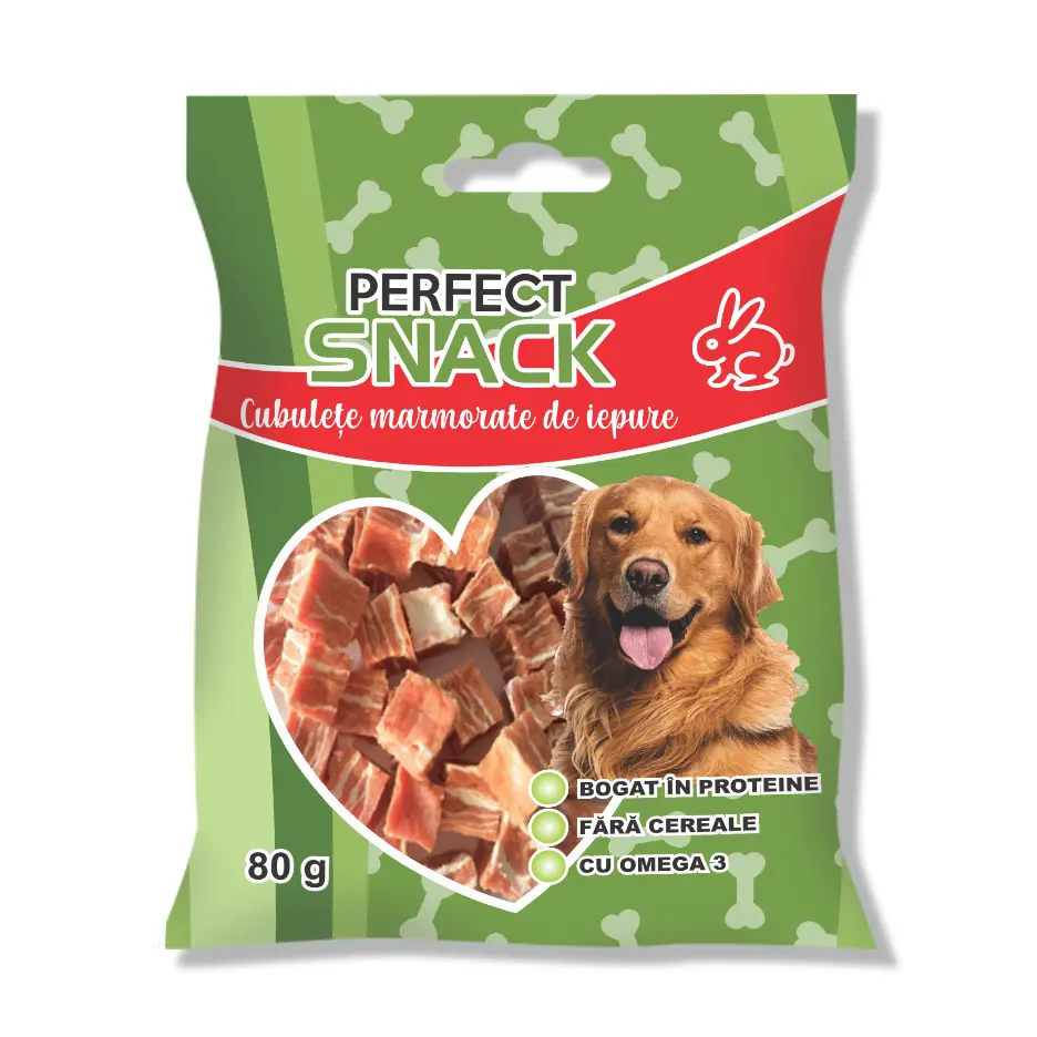 Hrana complementara pentru caini, Perfect Snack, cubulete marmorate de iepure, 80 g