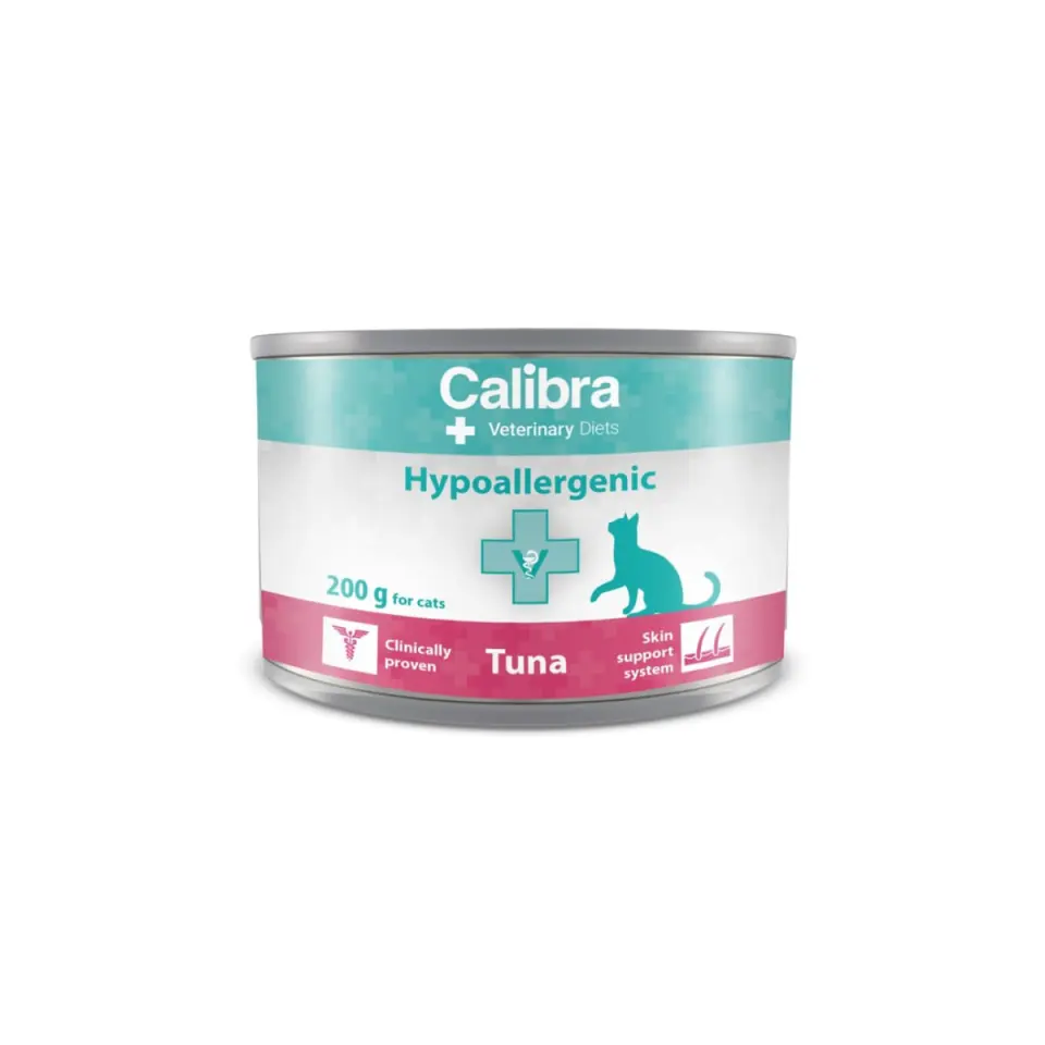 CALIBRA Veterinary Diets Hypoallergenic, Ton, dietă veterinară, conservă hrană umedă monoproteică fără cereale pisici, alergii, (pate), 200g