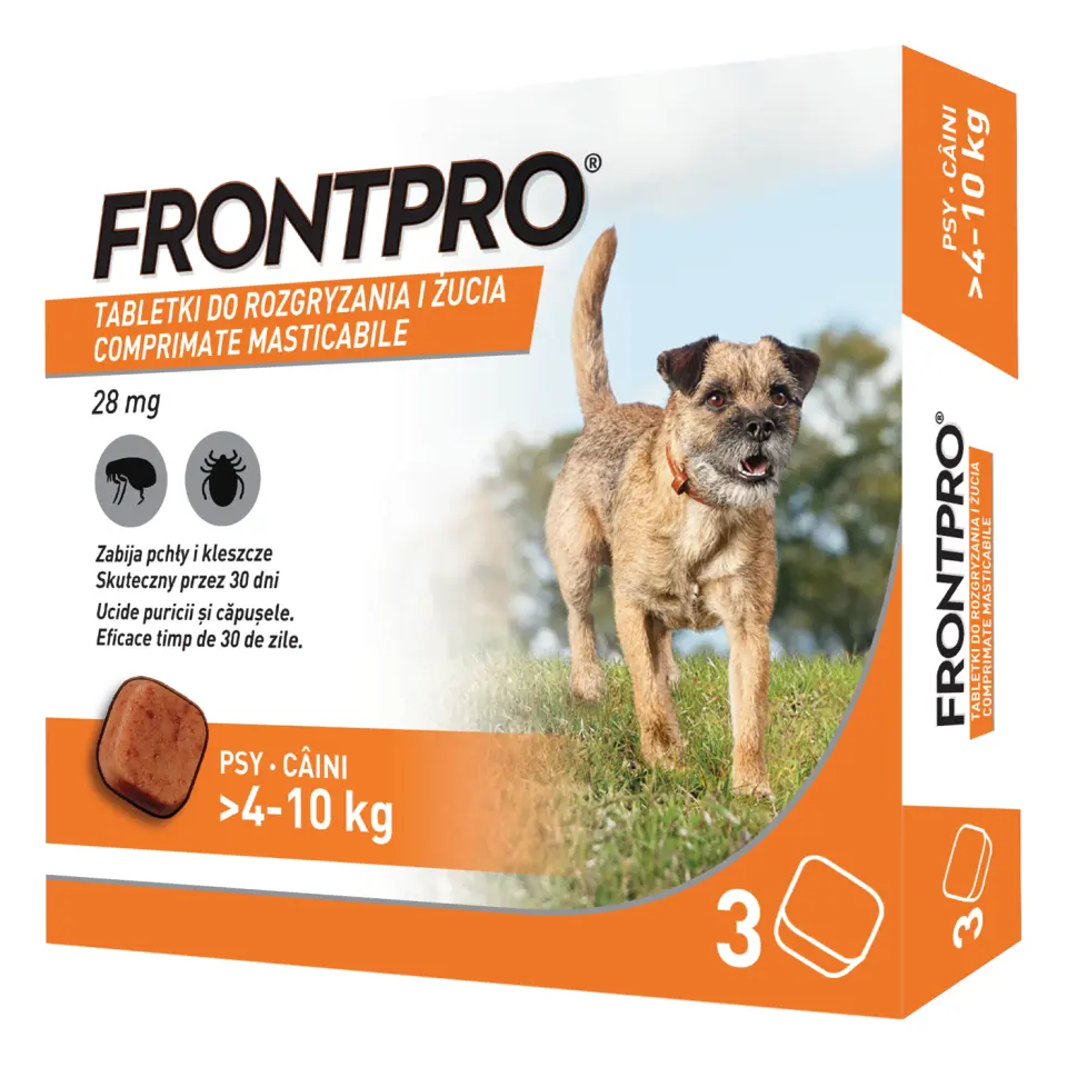 Comprimate masticabile antiparazitare caini, Frontpro M, 28 mg, >4-10 kg, 3 buc/ cutie