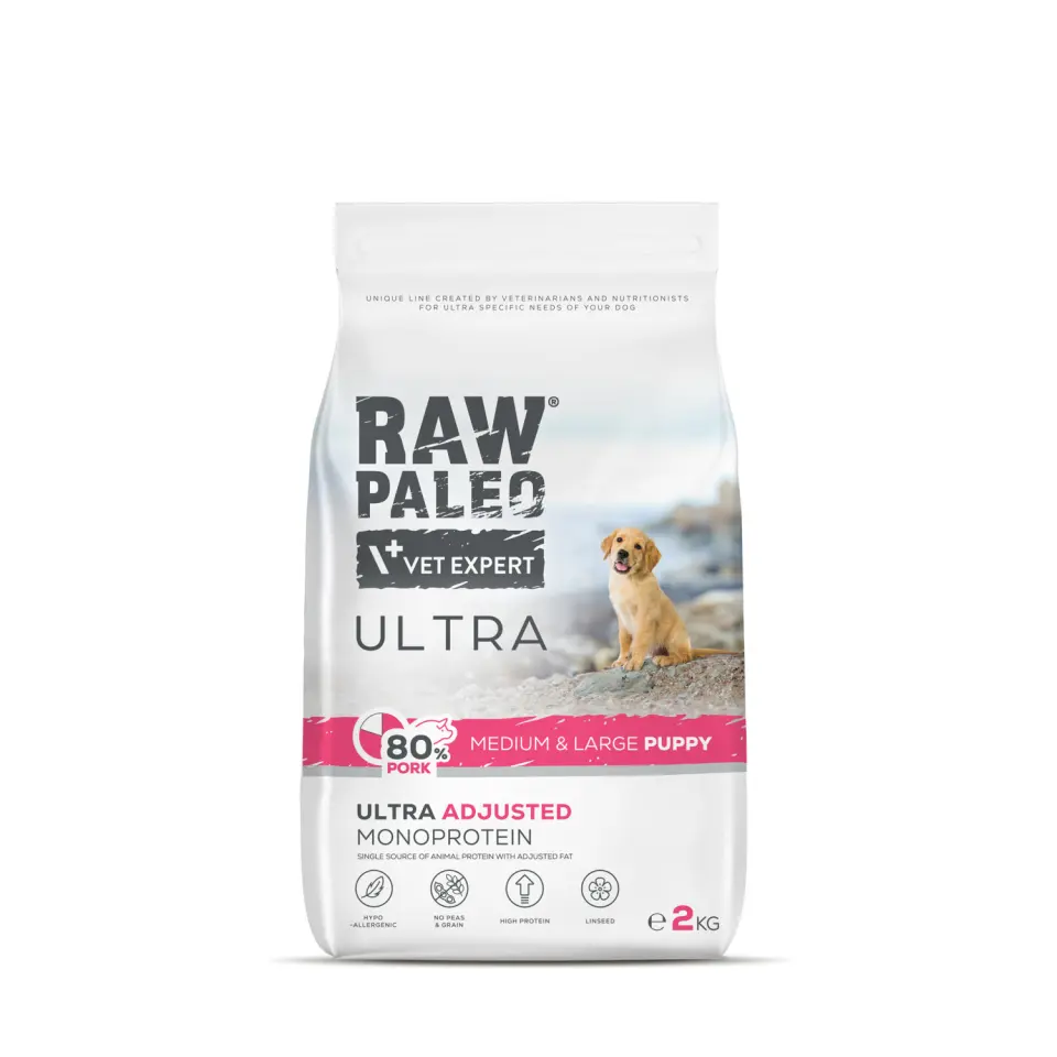 Hrană uscată pentru câini junior, Raw Paleo Ultra Pork, talie medie si mare, Pachet 2 X 2 kg
