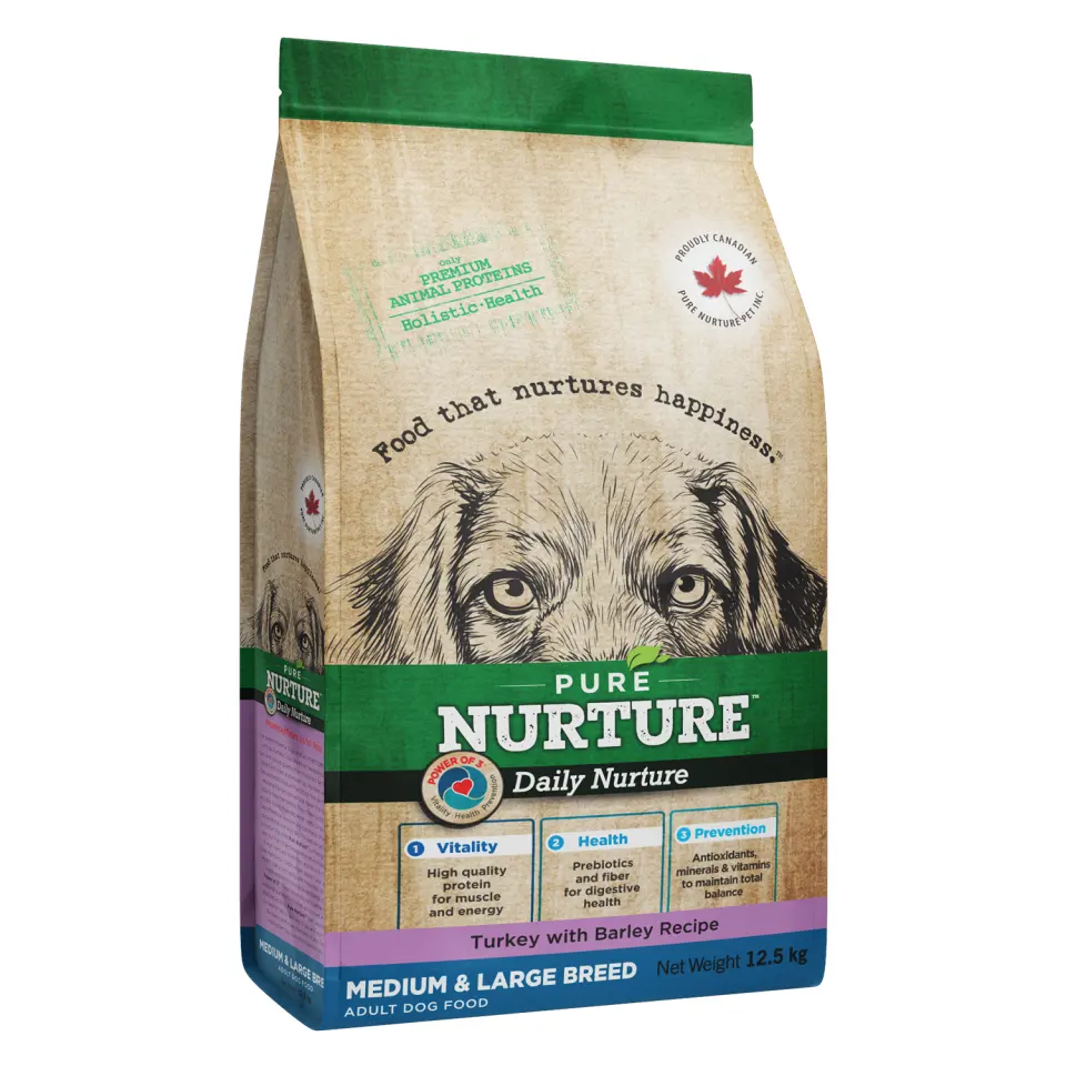 Hrana caini de talie medie si mare Pure Nurture, cu orz si curcan, 12.5 kg