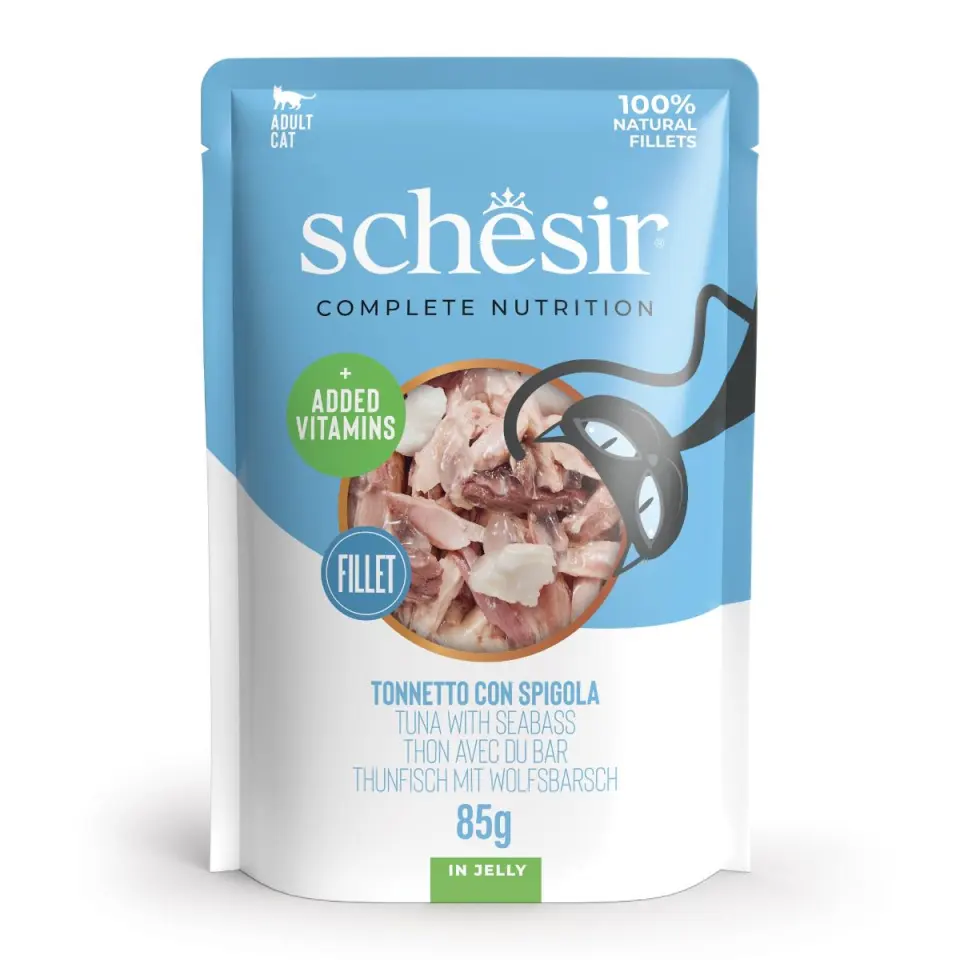 SCHESIR Complete Nutrition, Ton și Biban, plic hrană umedă pisici, (în aspic), 85g