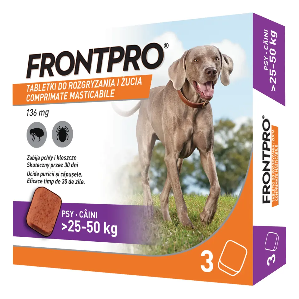 Comprimate masticabile antiparazitare caini, Frontpro XL, 136 mg, >25-50 kg, 3 buc/ cutie