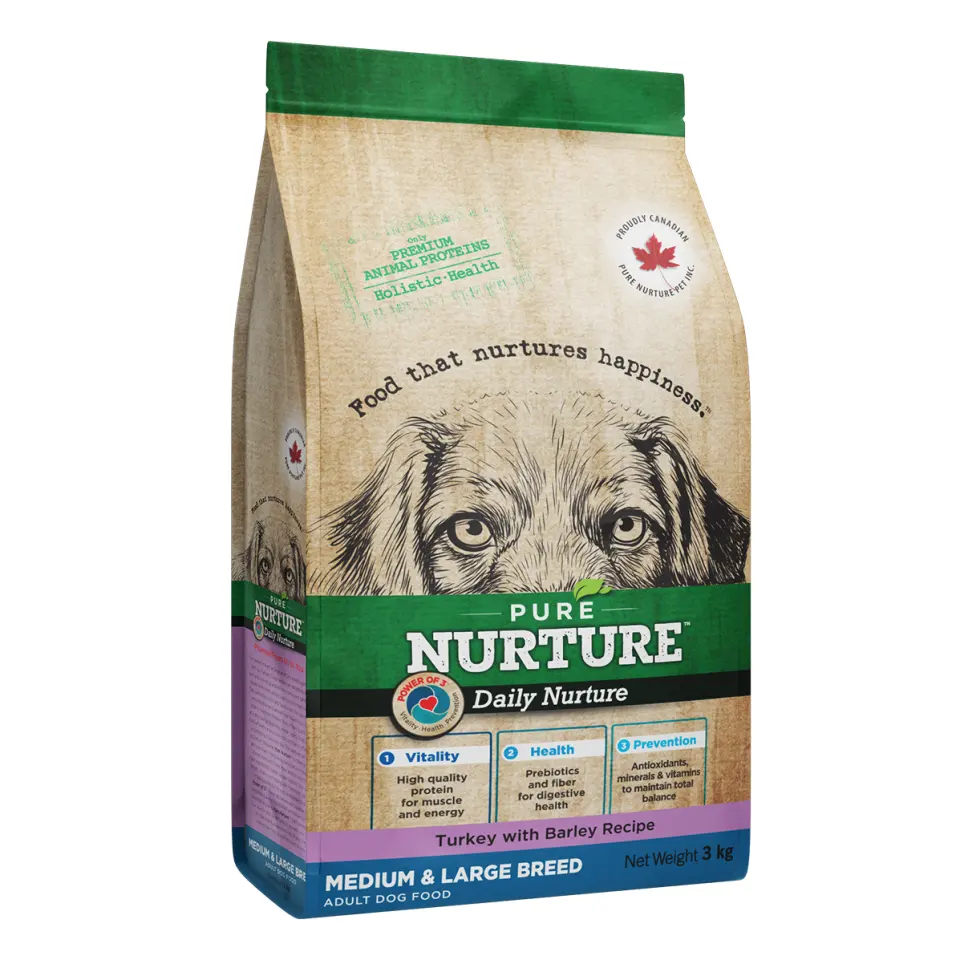 Hrana caini de talie medie si mare Pure Nurture, cu orz si curcan, 3 kg