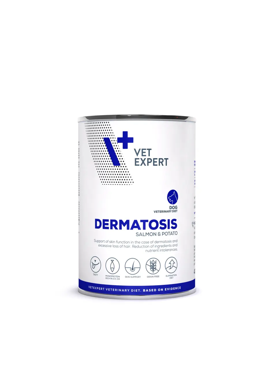 Dieta umeda pentru caini Vet Expert Dermatosis Dog, somon si cartofi, 5 x 400 g