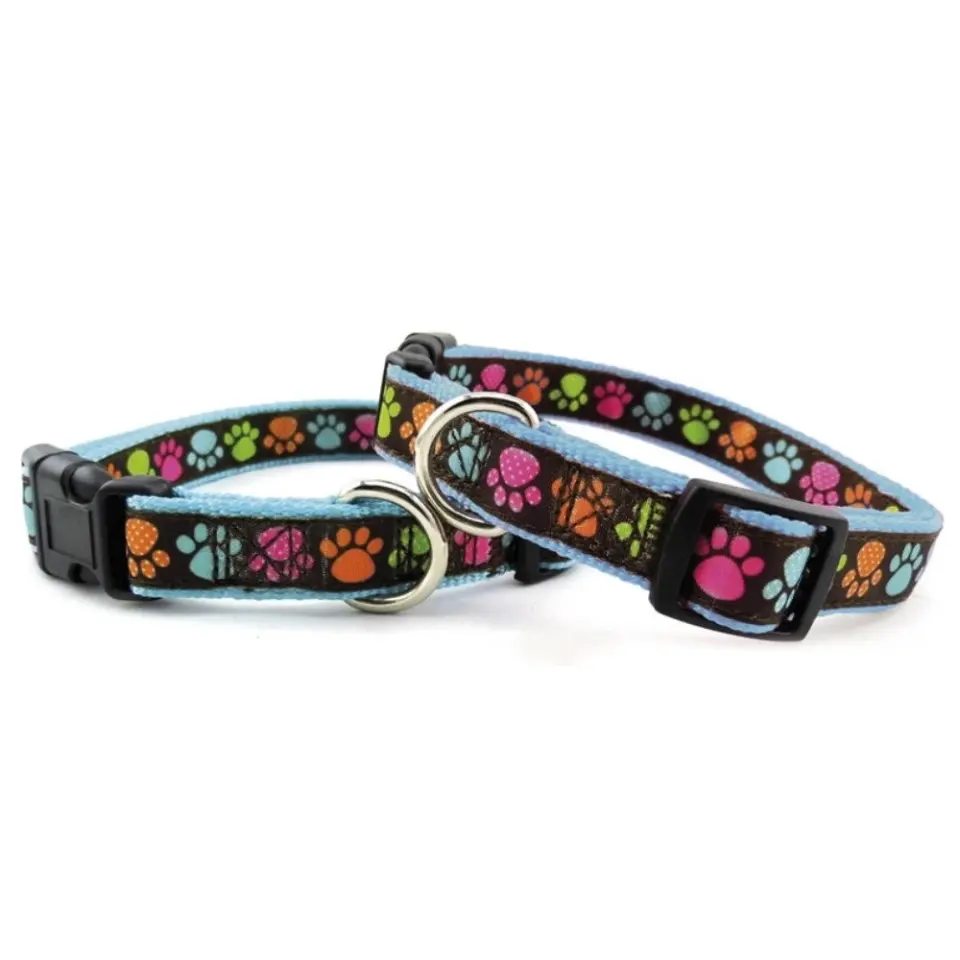 Zgarda textila, albastra, personalizata cu labute, 30-45 cm x 16 mm